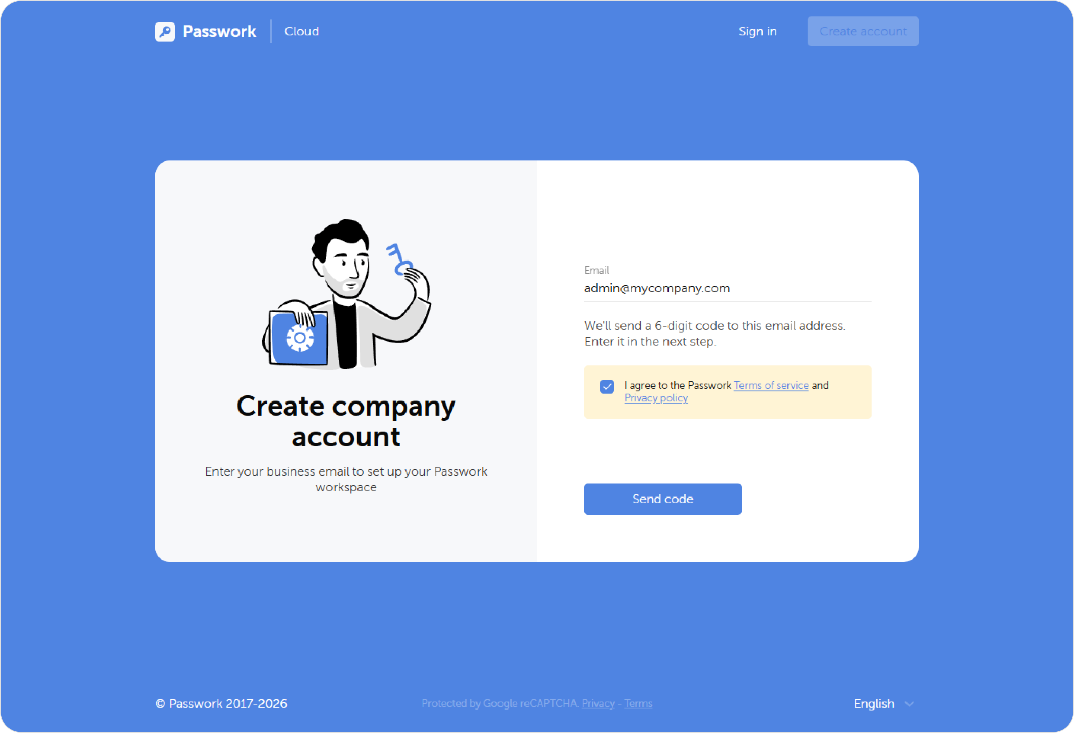 To start the migration, go to the new version of Passwork and create an account.