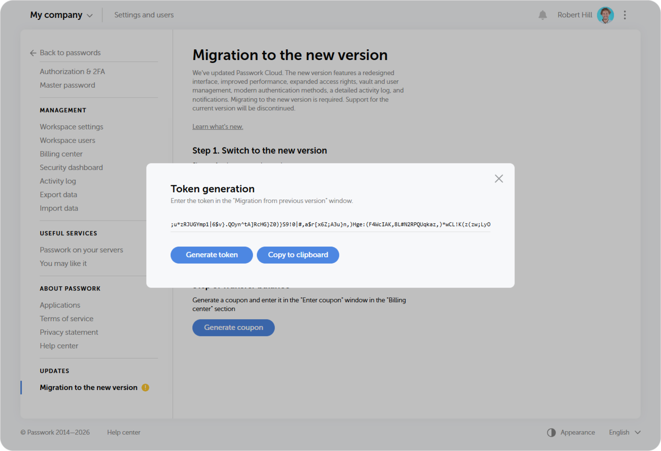 Return to the old version of the Cloud and generate the token required for the transfer.