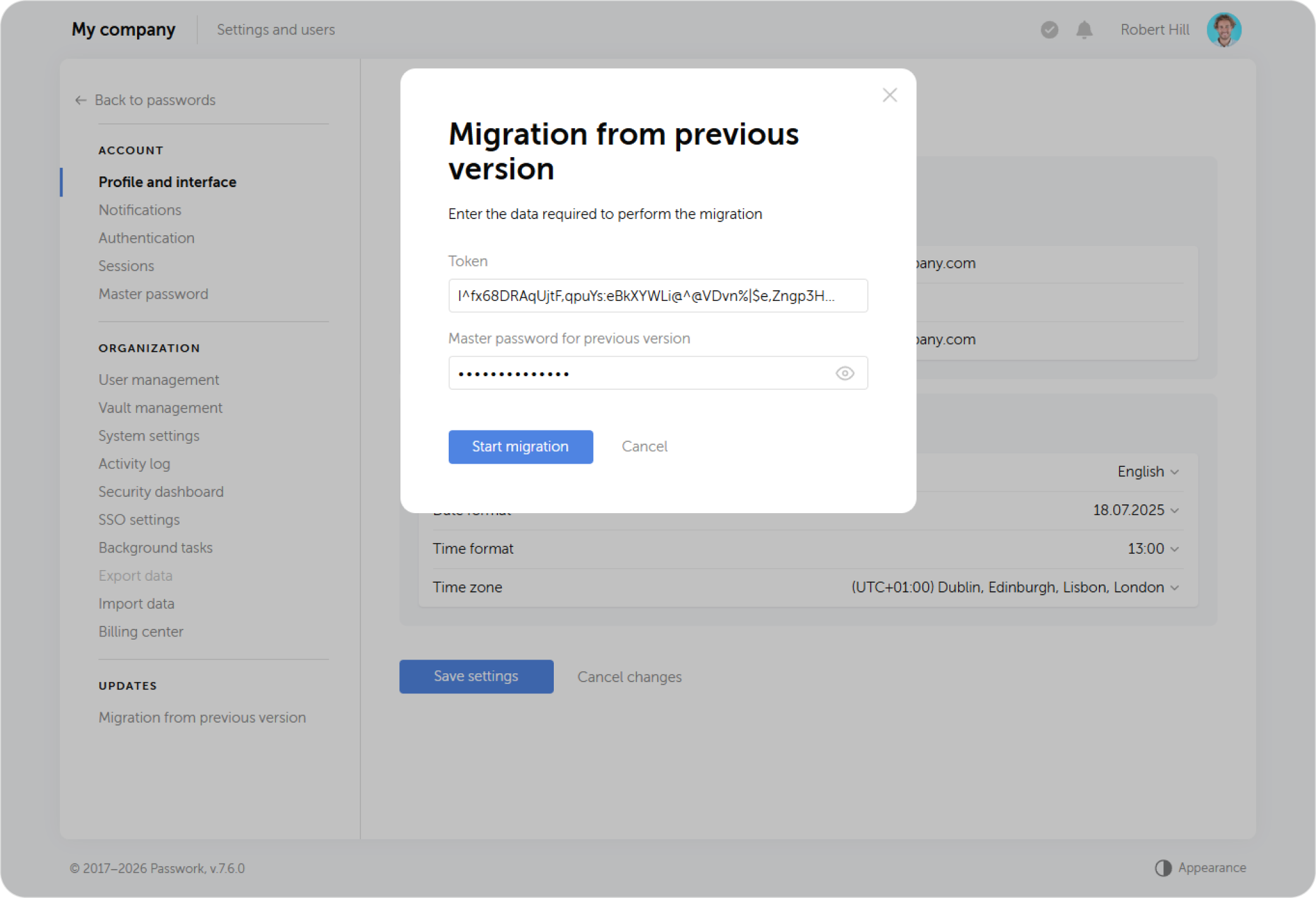 Enter the received token and master password from the old version in the pop-up window.