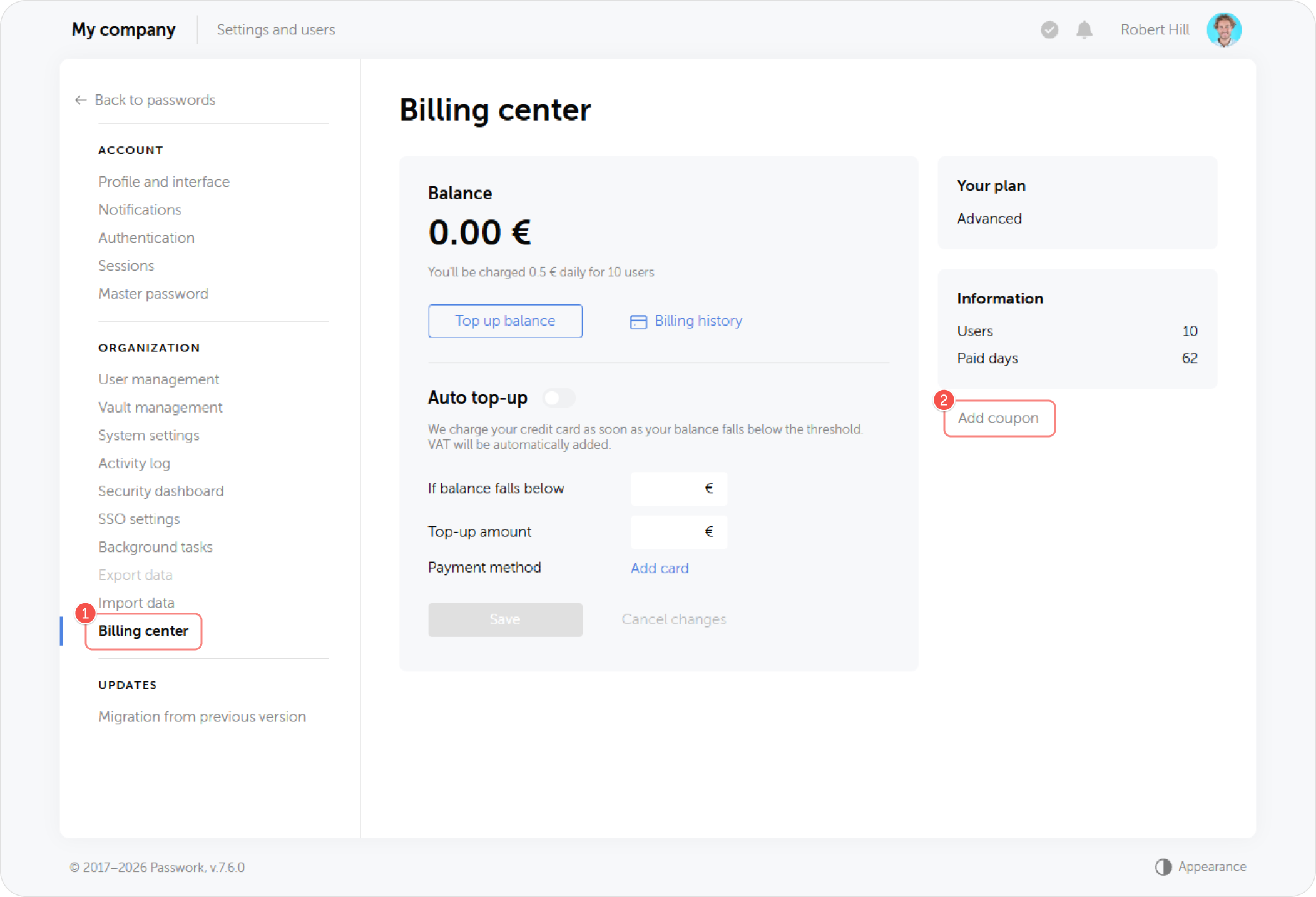 In the new version of the Cloud, open the 'Billing and payment' section and click 'Add coupon' on the right side of the page.