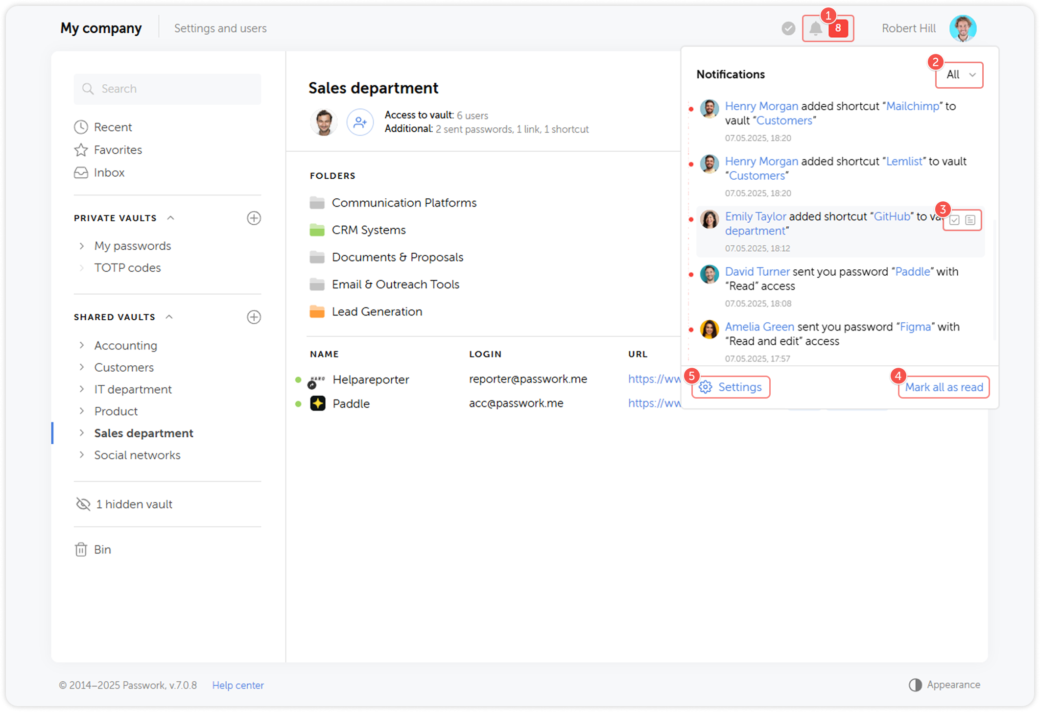 Notifications dropdown menu