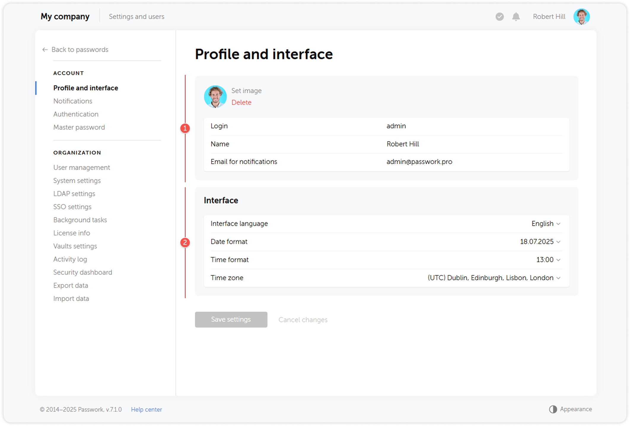 Account settings interface