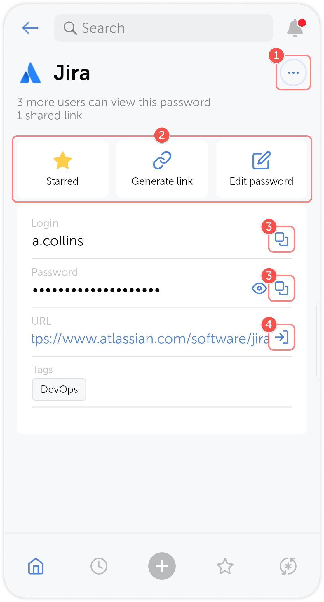 Password card with quick actions