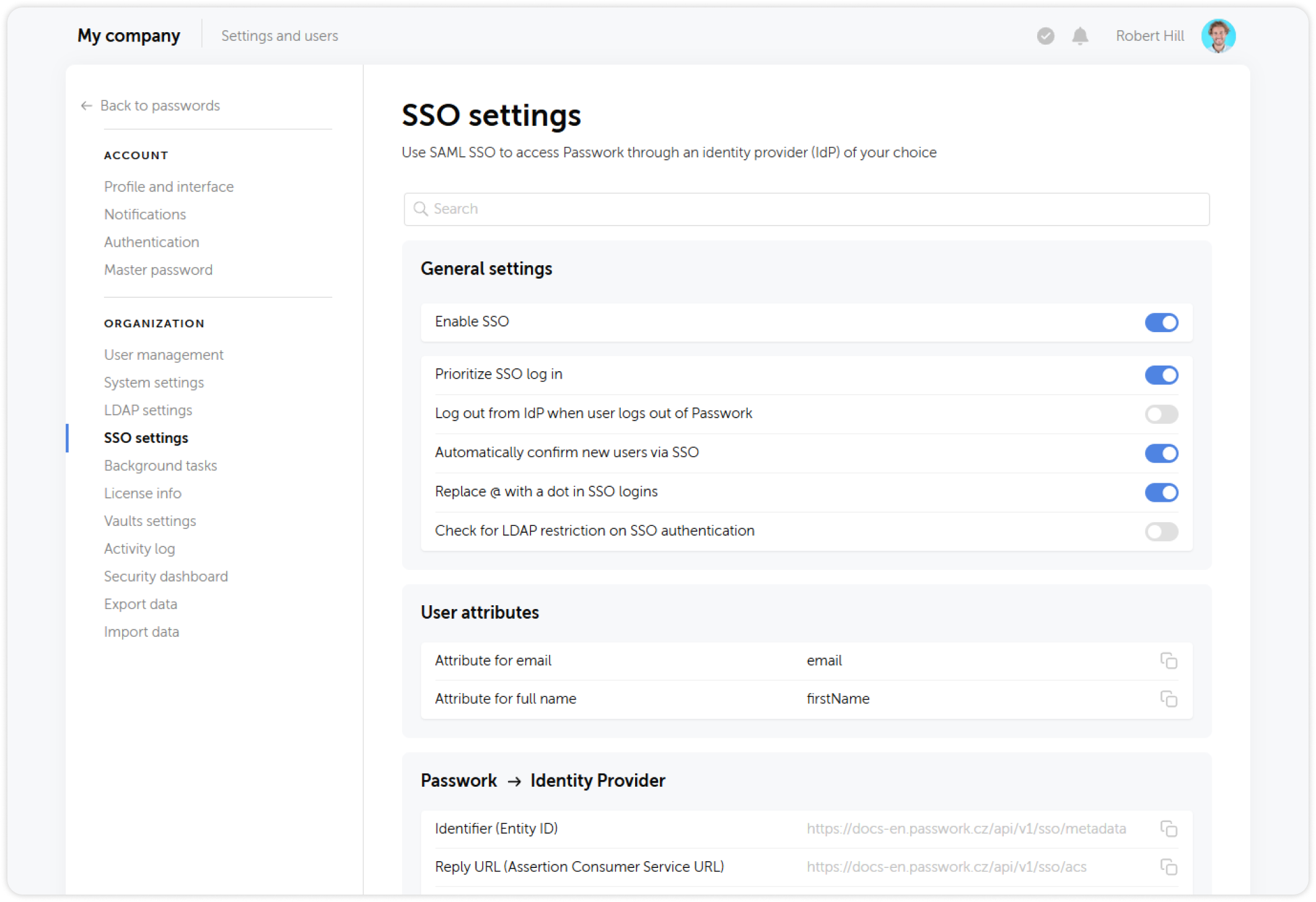 SSO settings page