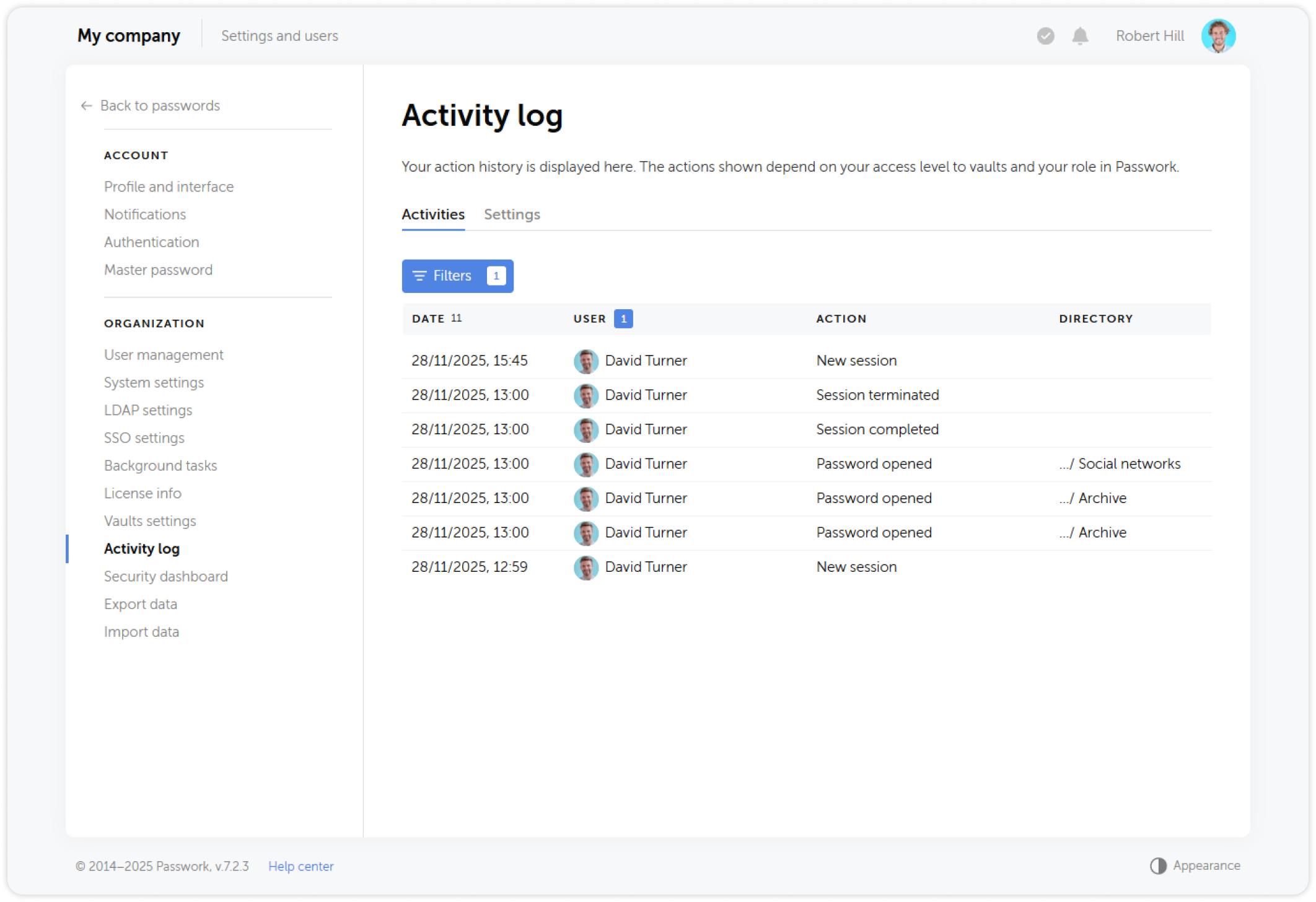 Activity log filtered by user