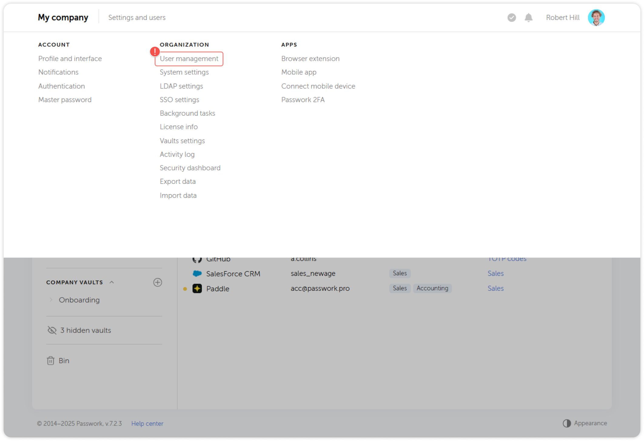 User management menu