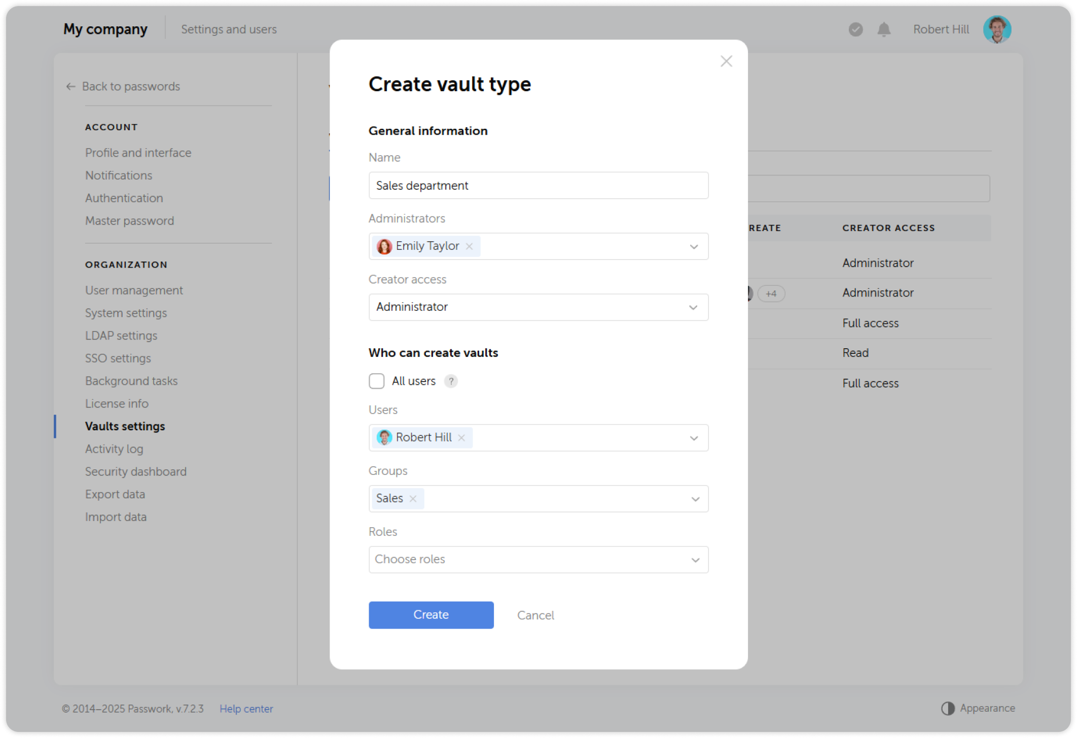Type creation window